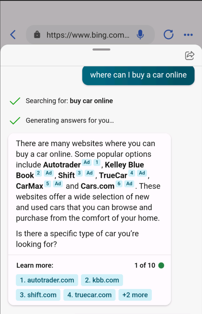 Asking Bing Chat where to buy a car online which it successfully answers 