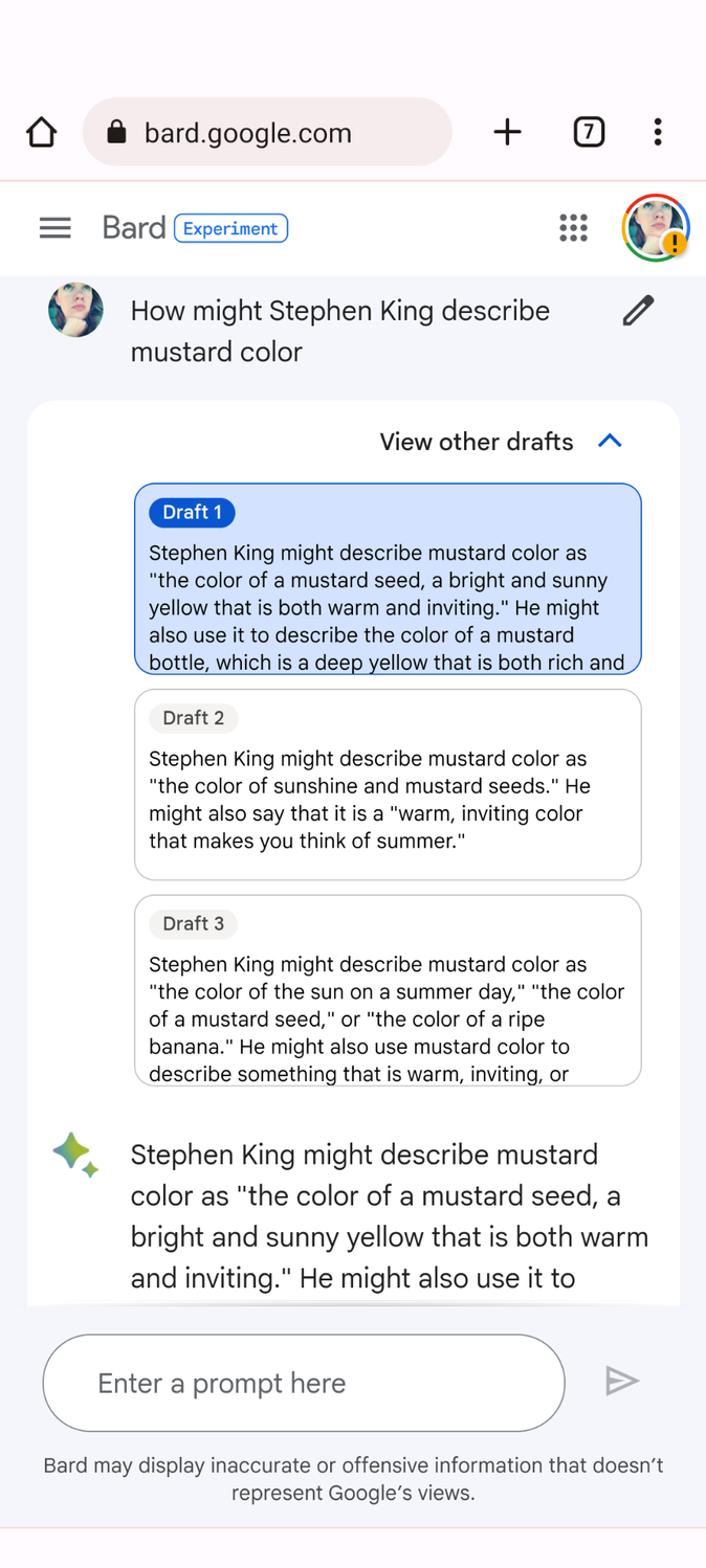 Bard is unable to describe the color yellow in the style of Stephen King