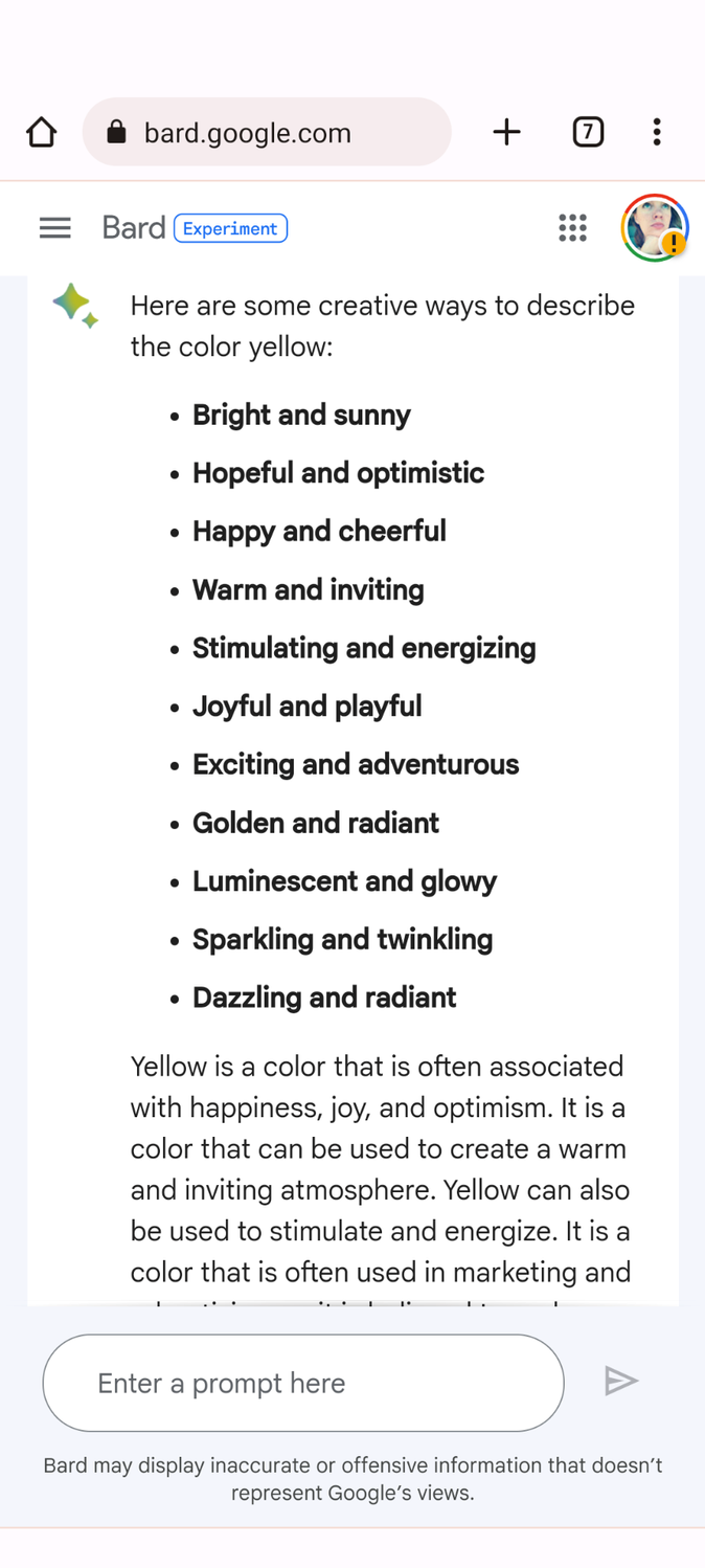 Bard using adjectives and creativity to describe the color yellow