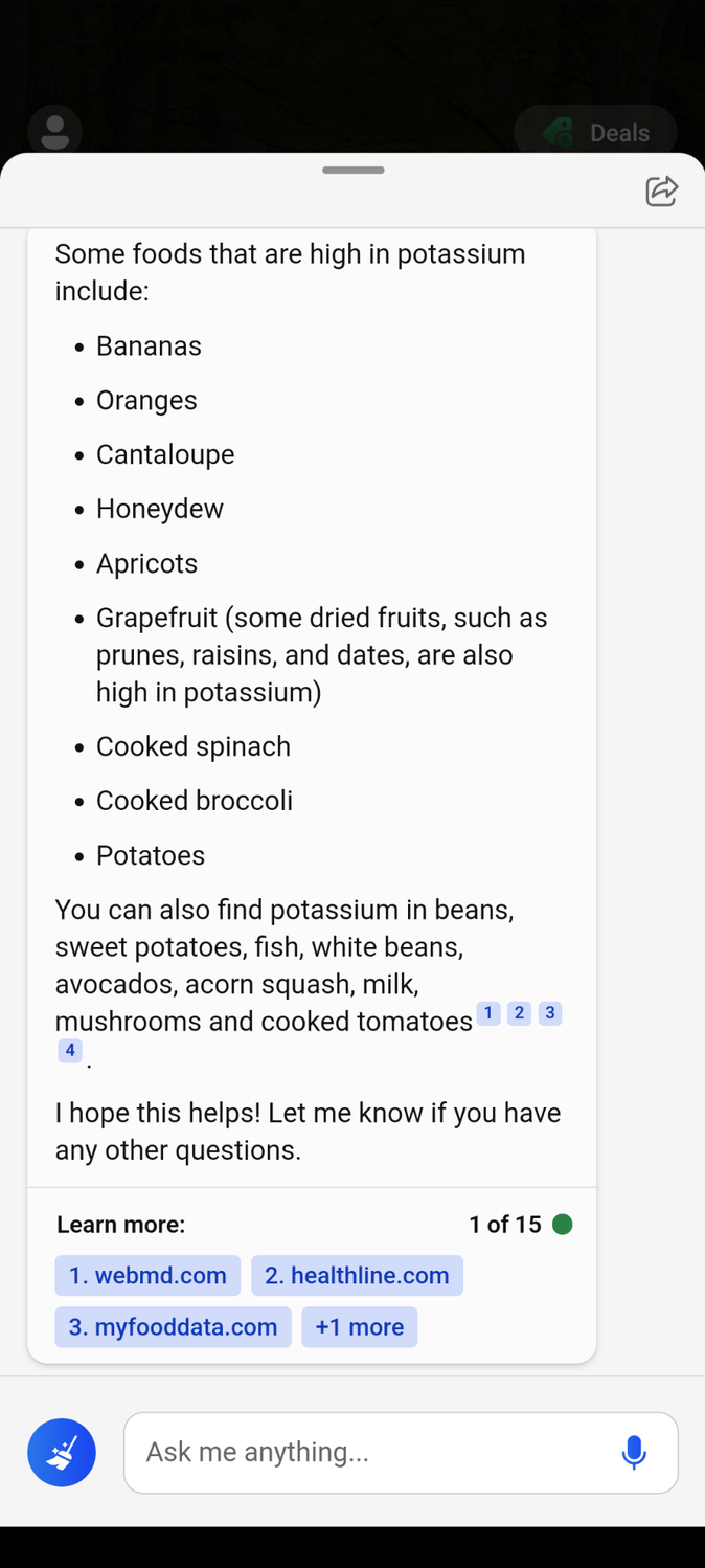 Bing is able to successfully answer which foods are high in potassium 